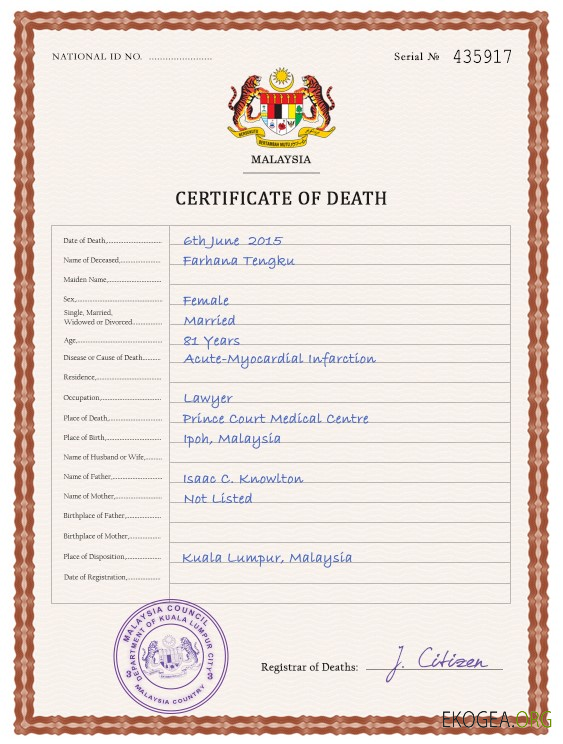 Modèle PSD de certificat de décès en Malaisie